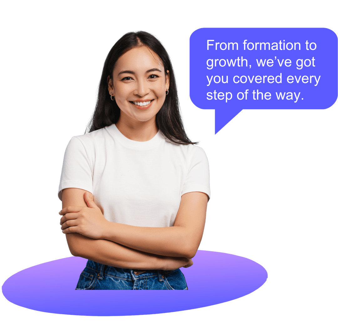 Woman celebrating business formation with speech bubble