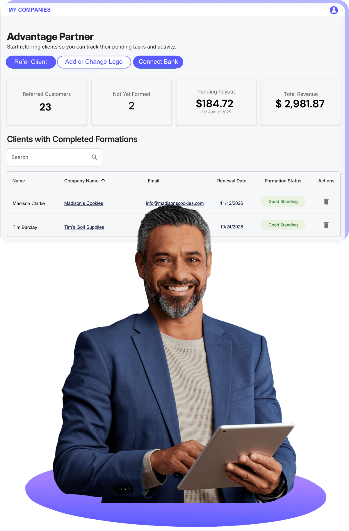 Advantage Partner dashboard interface with man holding tablet