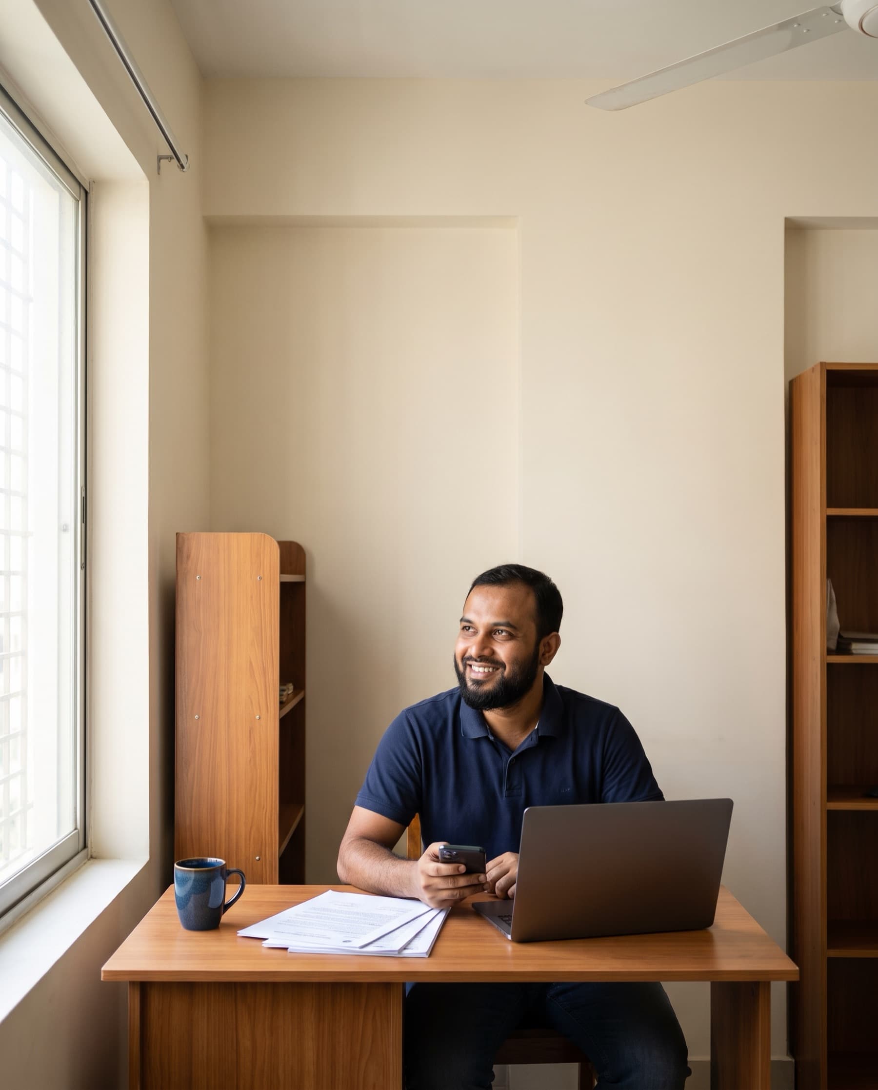Bangladeshi freelancer at a compact bedroom desk in Dhaka, phone in hand, looking up with a satisfied smile