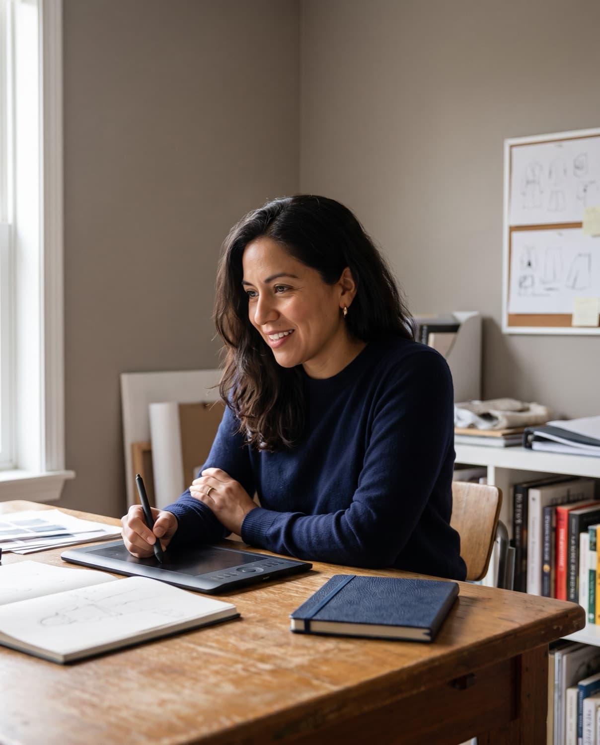 Smiling designer with a pen tablet at a wooden desk in a small studio