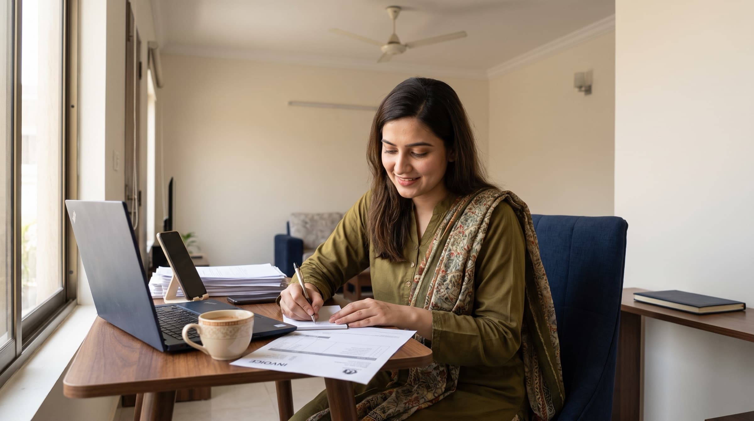 Pakistani freelancer at a small desk in a sunlit family living room in Lahore, laptop and phone beside a cup of chai, writing a note