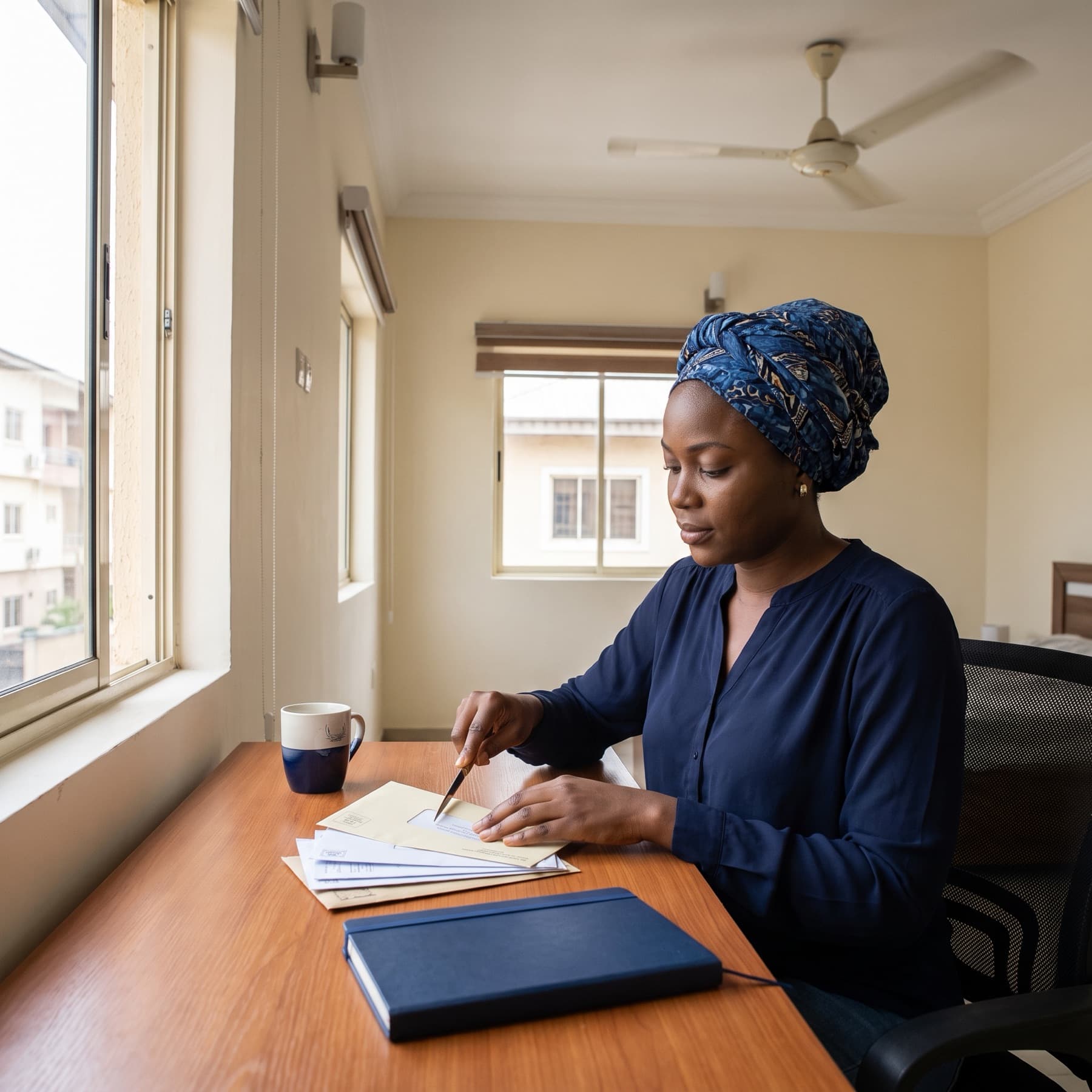 Nigerian freelancer at a desk by a window in a Lagos apartment opening an official envelope