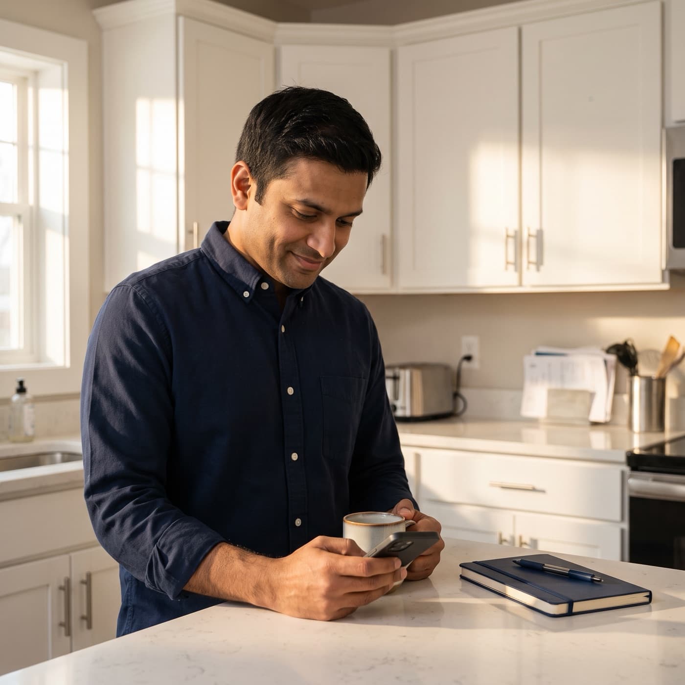 Freelancer at a kitchen counter with coffee in one hand and a phone in the other