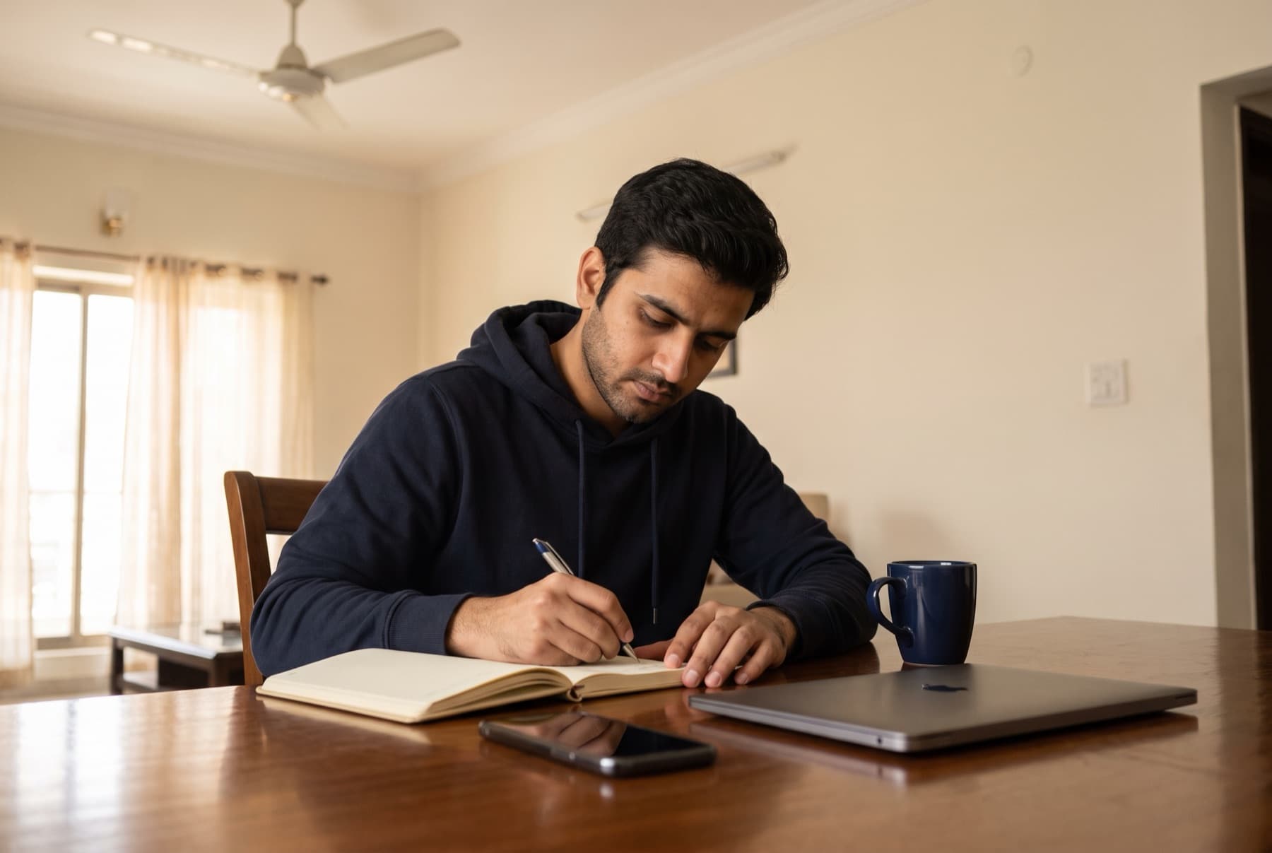 Pakistani freelancer at a kitchen table in Karachi writing a shortlist of business names in a notebook