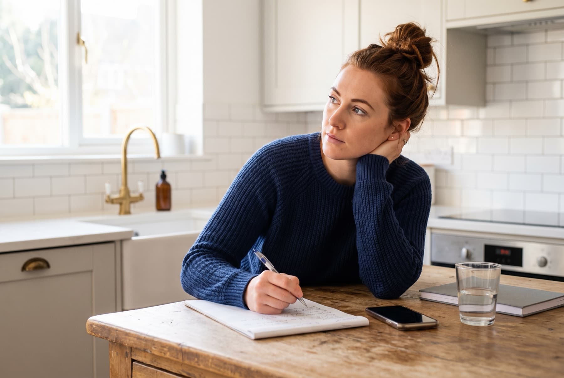 Woman at a kitchen island writing a shortlist of business names on a notepad