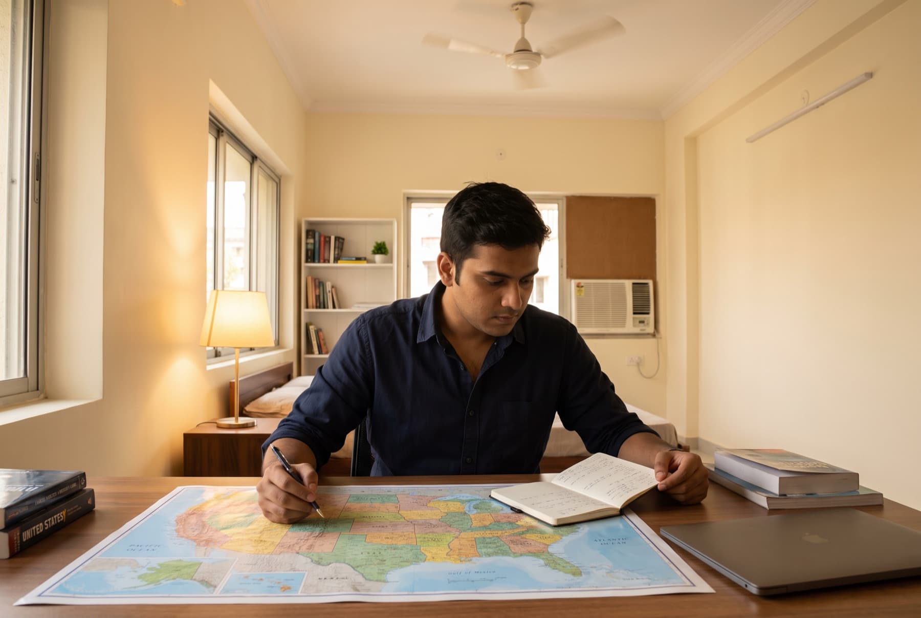 Indian freelancer at a study desk in Kolkata looking at a printed map of the United States, pen in hand