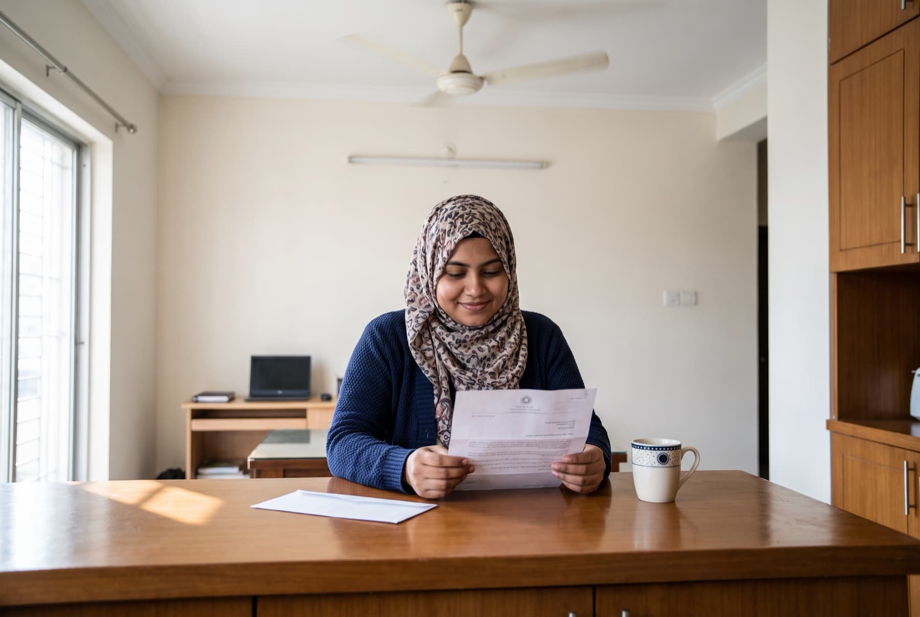 Bangladeshi freelancer at a kitchen counter in Dhaka reading an official letter she has just unfolded