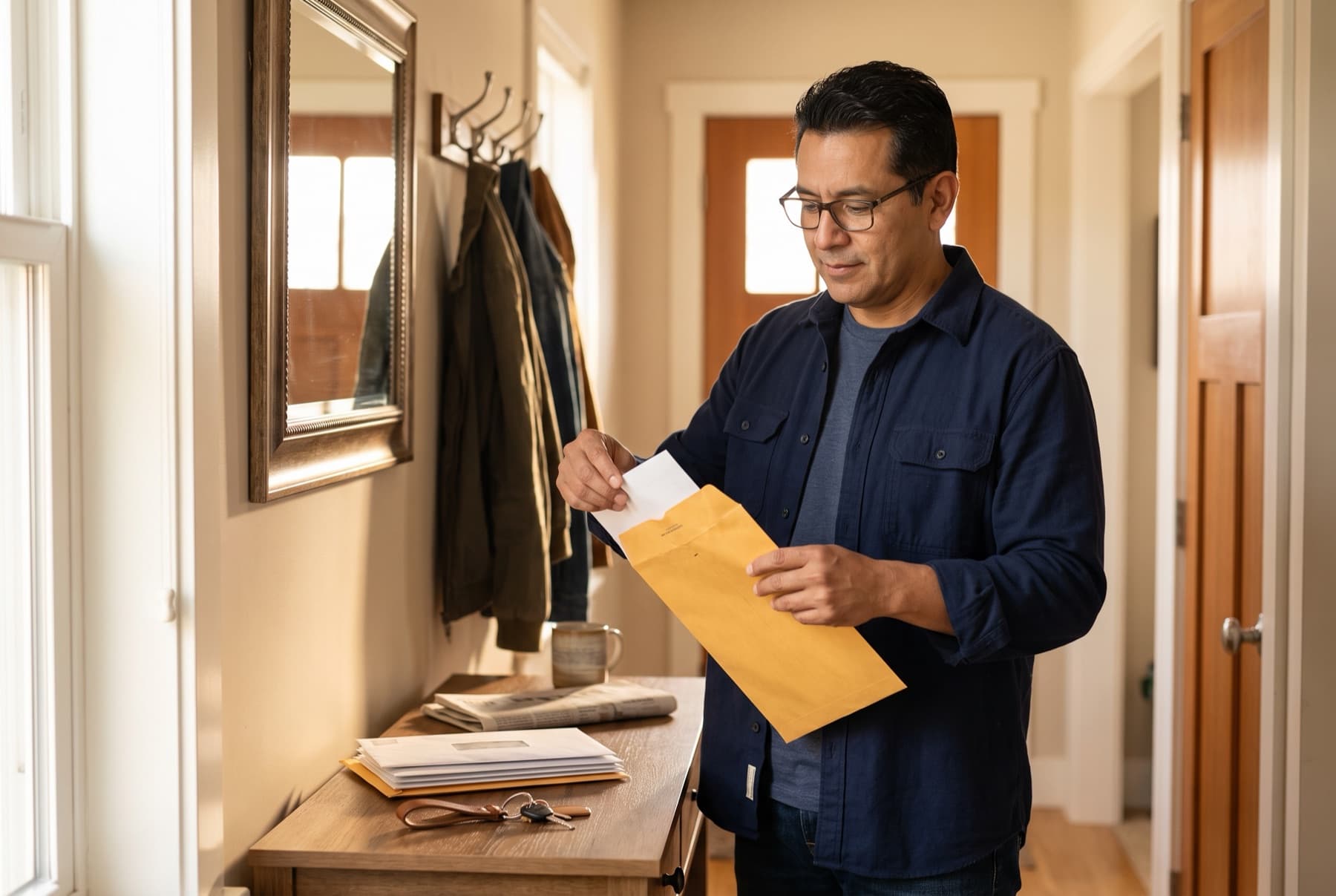 Man in a bright entryway opening an official envelope beside a console table with mail and keys