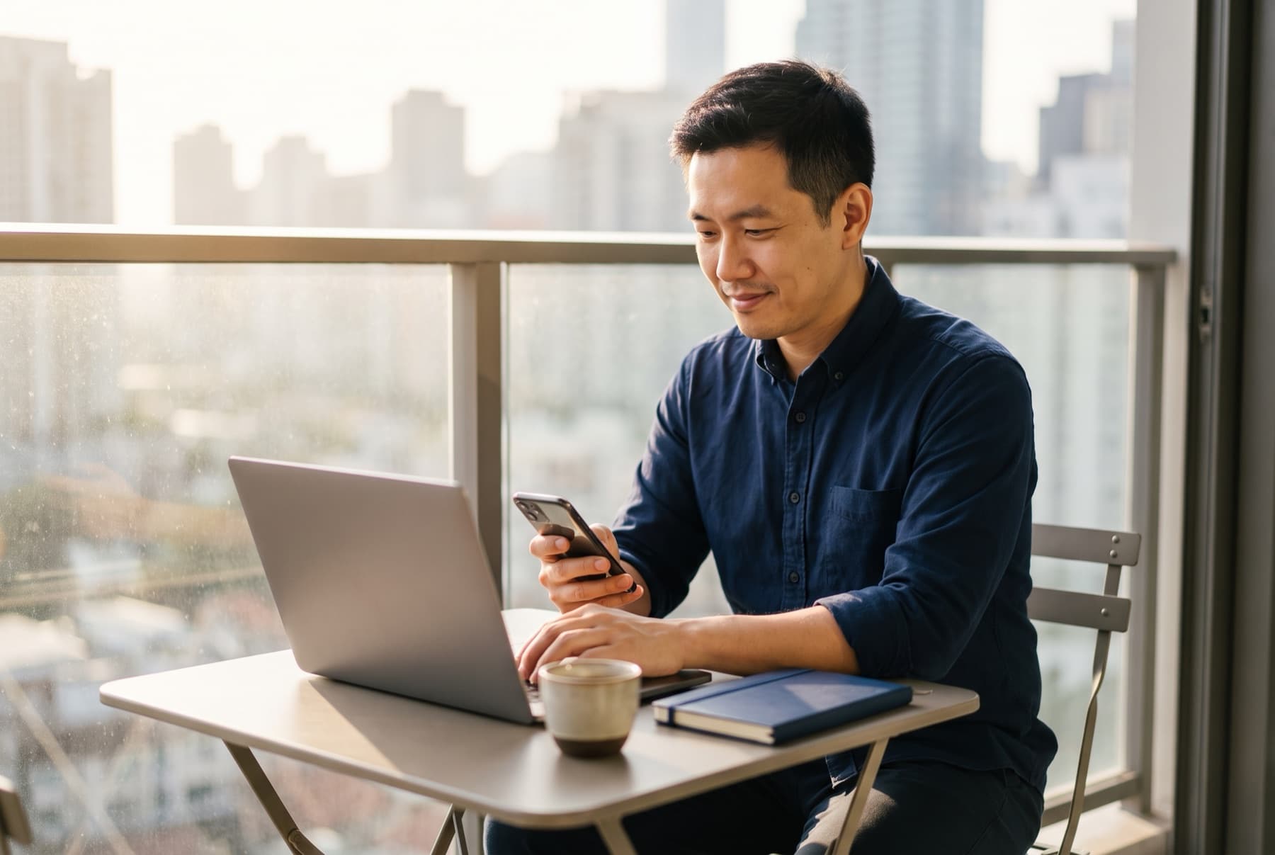 Man on a sunlit city balcony opening a business bank account on his laptop, phone in hand