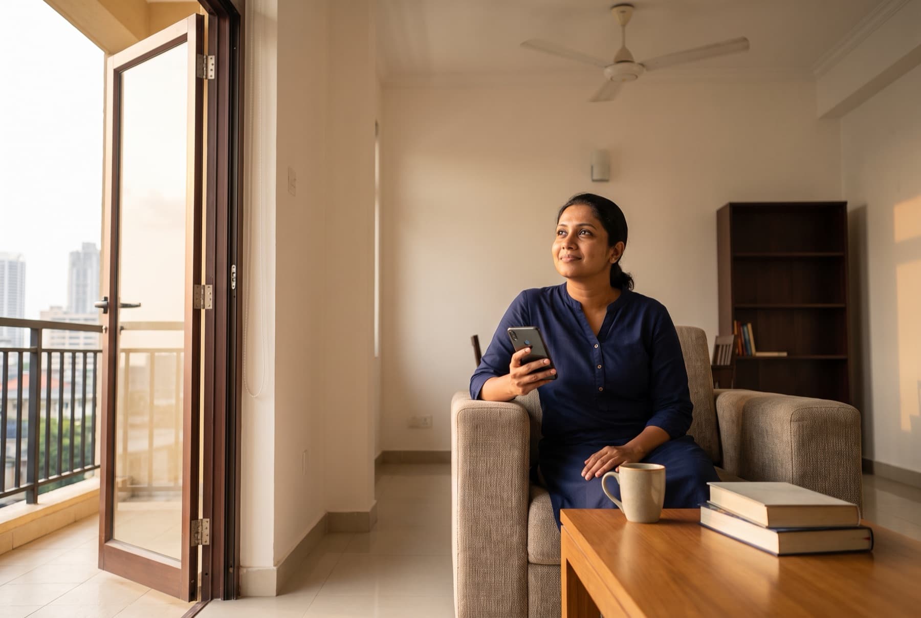 Sri Lankan freelancer on a sofa by an open balcony door in Colombo, phone in hand, looking up with relief