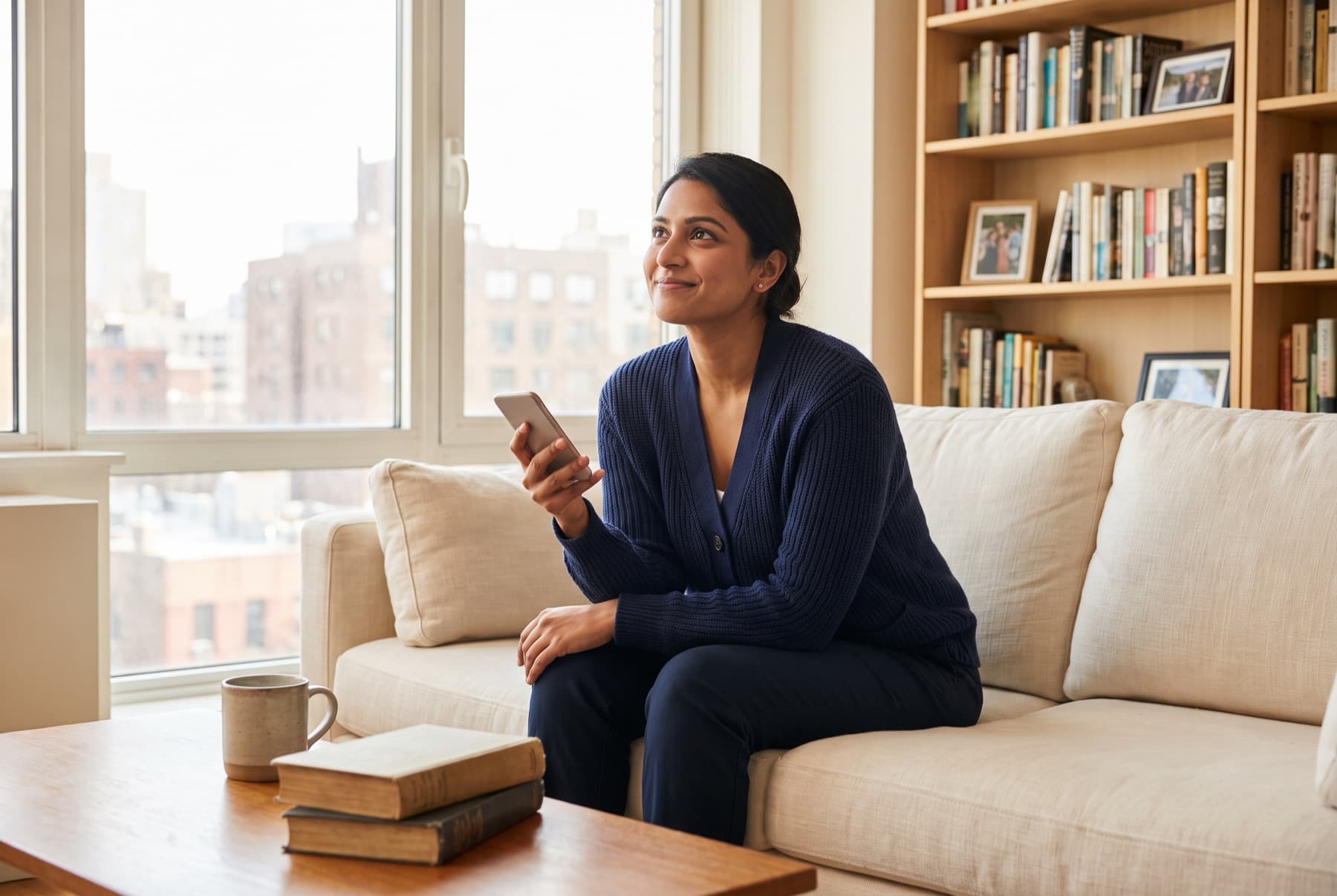 Woman on a sofa by a city window, phone in hand, looking up with a satisfied smile
