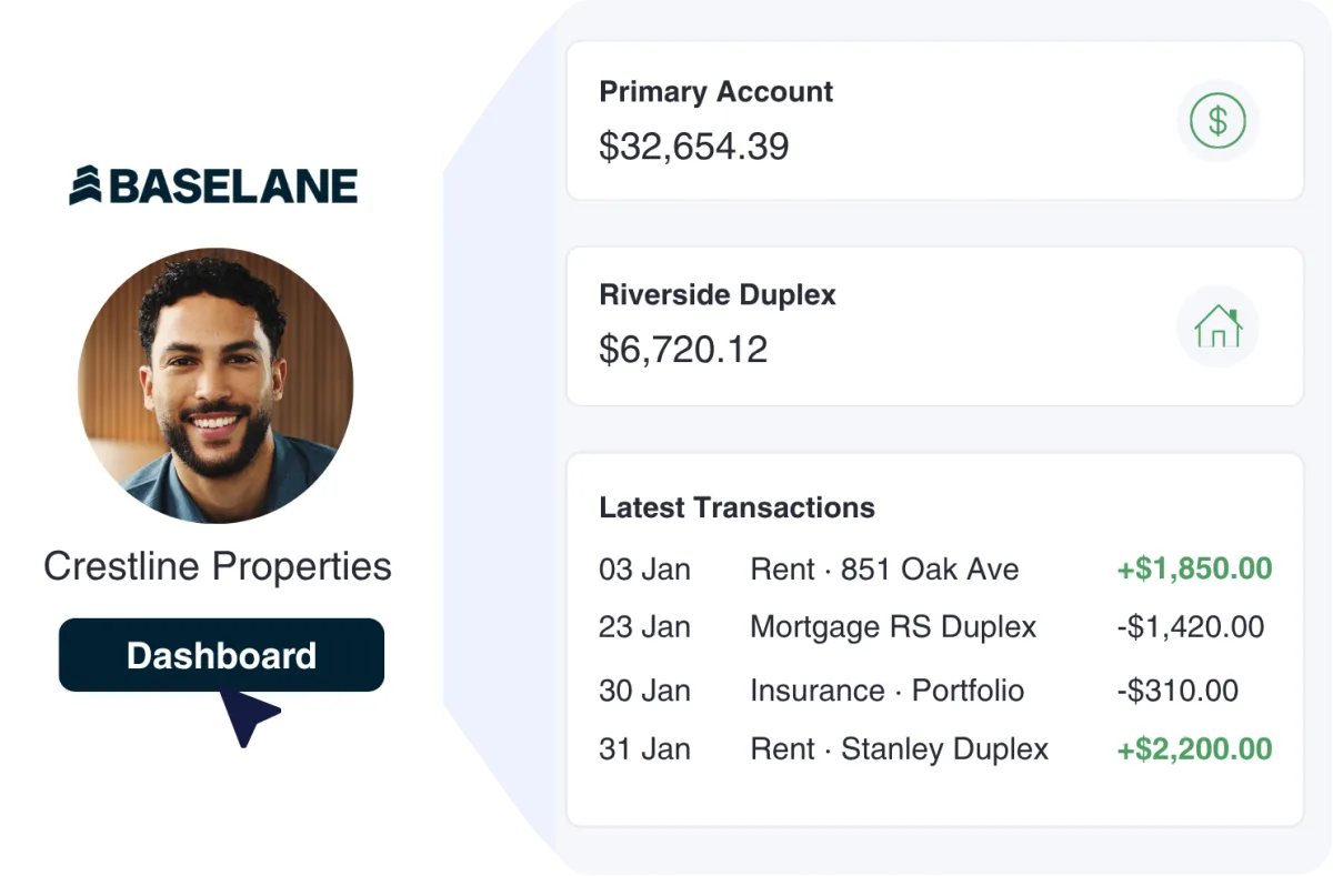 Baselane dashboard showing per-property accounts and transactions