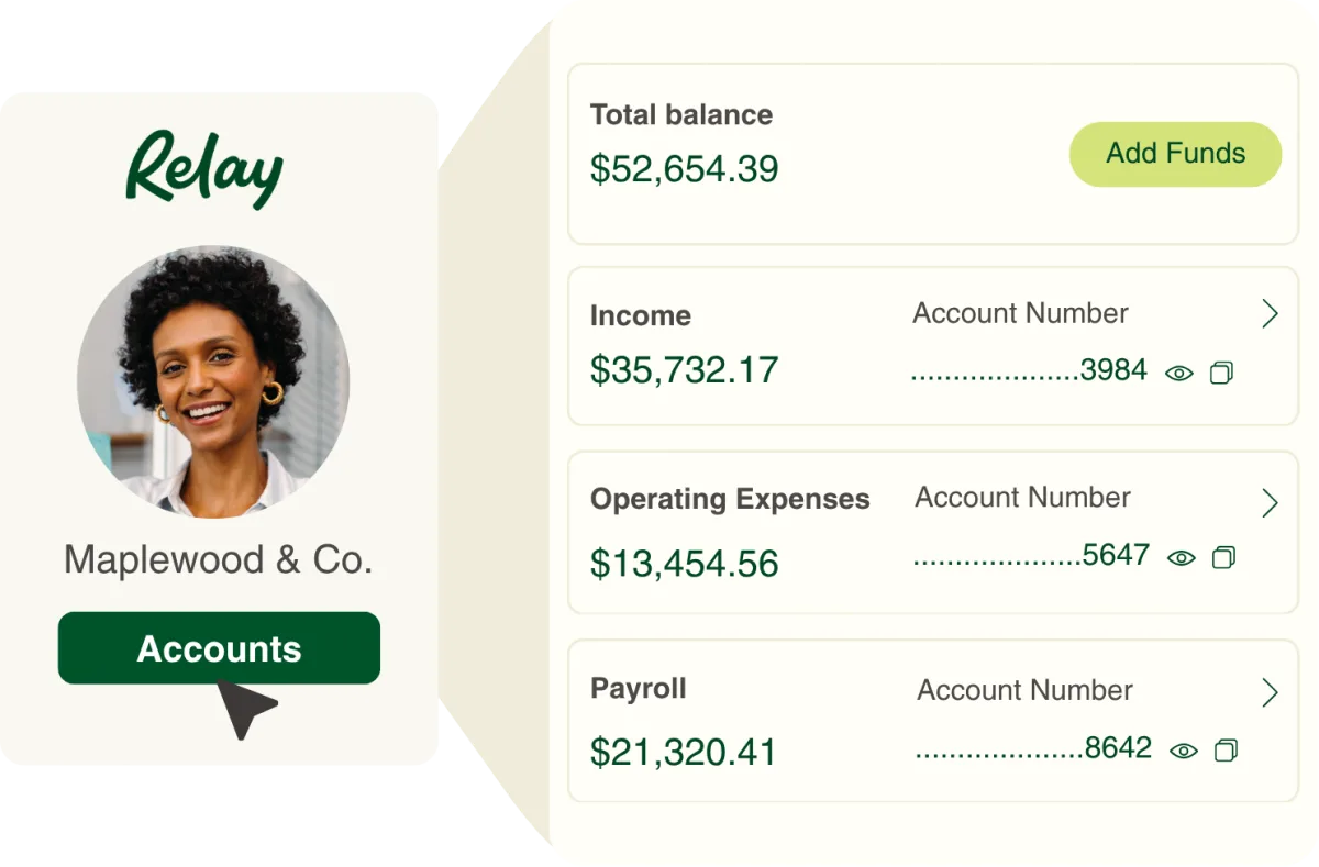 Relay dashboard showing separate income, operating expense and payroll accounts