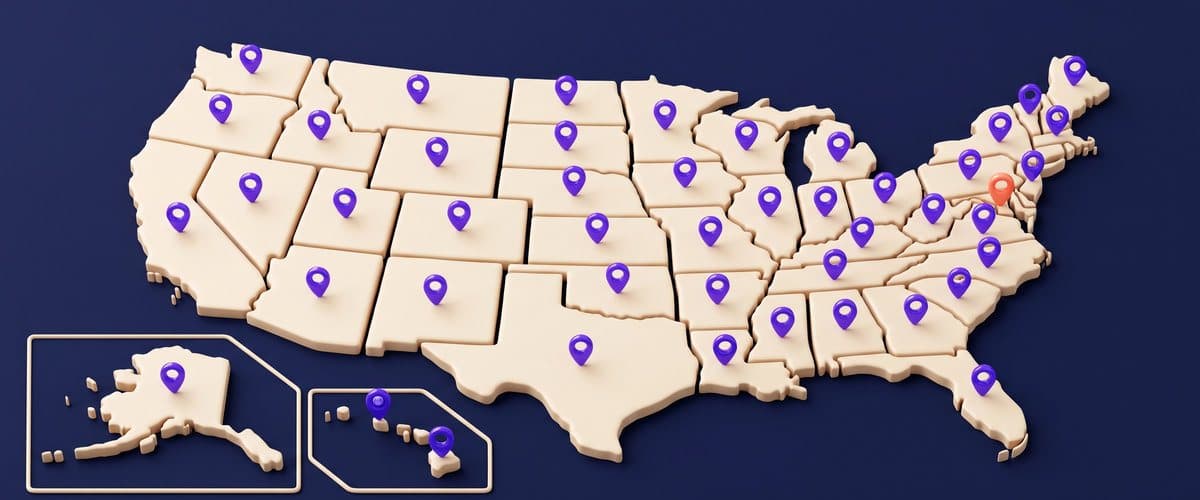 A map of the United States with a pin in every state.